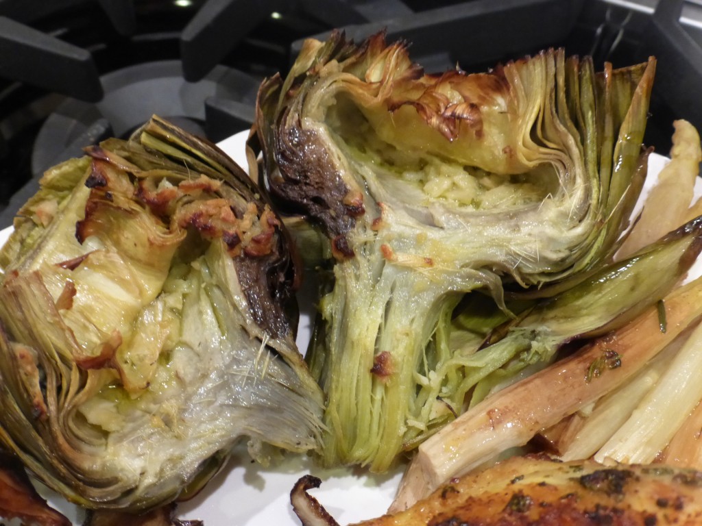 Steamed artichokes that I cut, seasoned with chopped garlic, lemon, sea salt, and olive oil. Then baked. Yum!